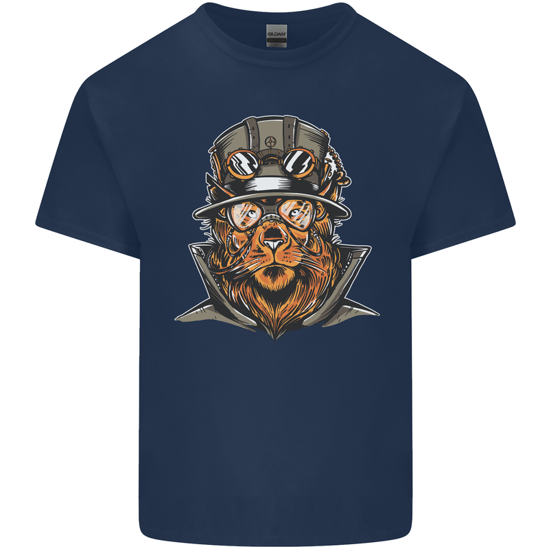 Steampunk Lion Mens Cotton T-Shirt Tee Top Navy Blue