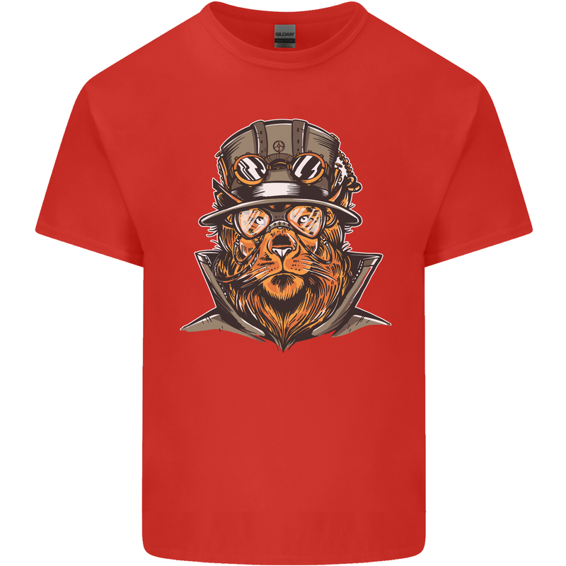 Steampunk Lion Mens Cotton T-Shirt Tee Top Red
