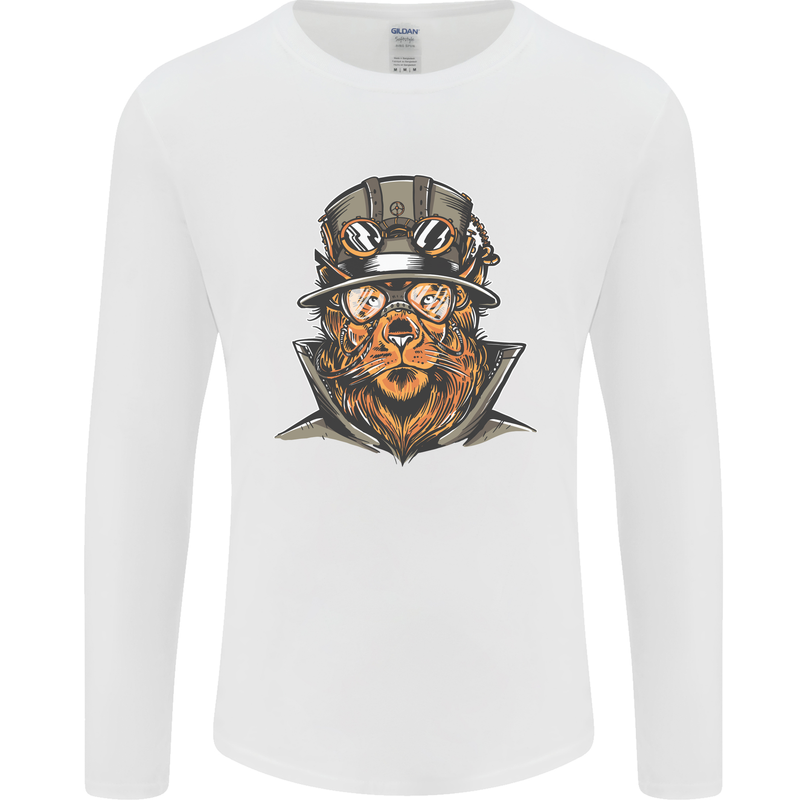 Steampunk Lion Mens Long Sleeve T-Shirt White