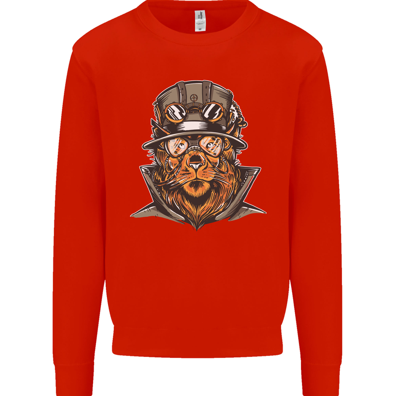 Steampunk Lion Mens Sweatshirt Jumper Bright Red
