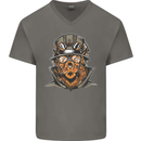 Steampunk Lion Mens V-Neck Cotton T-Shirt Charcoal