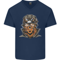 Steampunk Lion Mens V-Neck Cotton T-Shirt Navy Blue