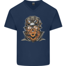 Steampunk Lion Mens V-Neck Cotton T-Shirt Navy Blue