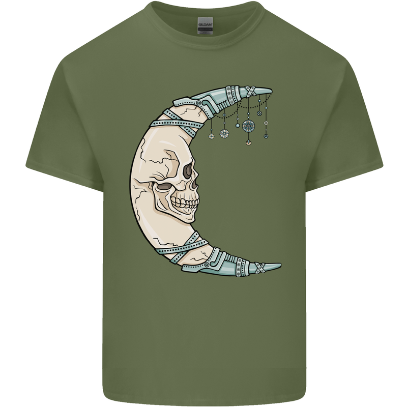 Steampunk Moon Skull Mens Cotton T-Shirt Tee Top Military Green