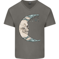 Steampunk Moon Skull Mens V-Neck Cotton T-Shirt Charcoal