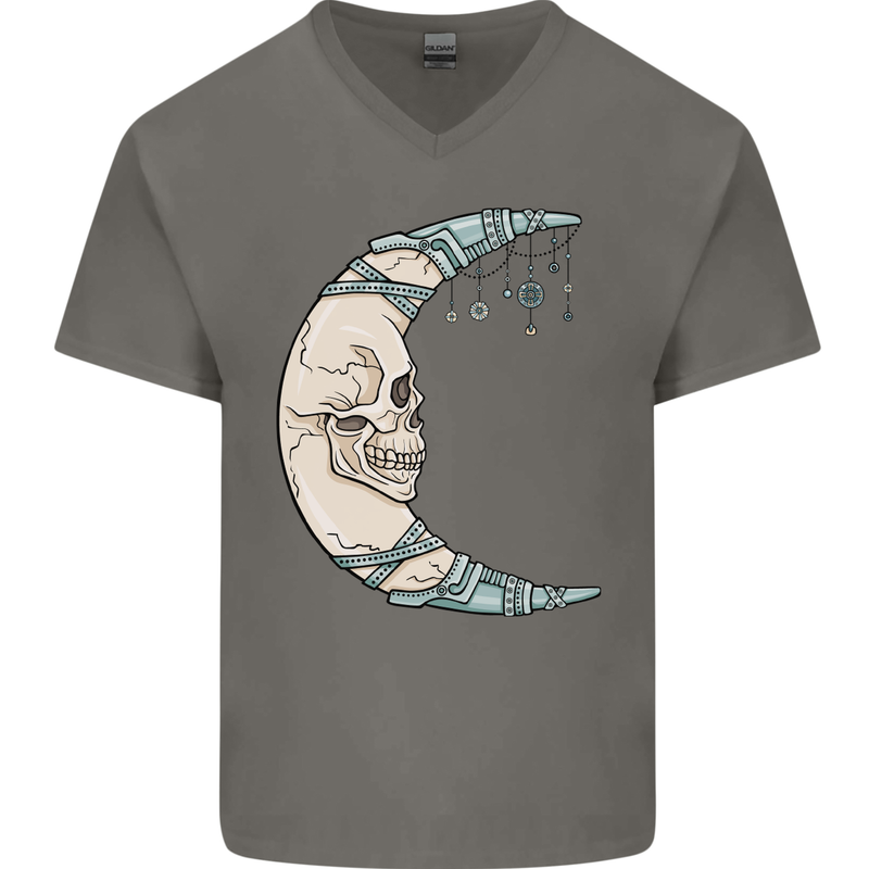 Steampunk Moon Skull Mens V-Neck Cotton T-Shirt Charcoal