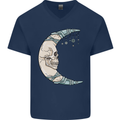 Steampunk Moon Skull Mens V-Neck Cotton T-Shirt Navy Blue