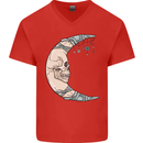 Steampunk Moon Skull Mens V-Neck Cotton T-Shirt Red