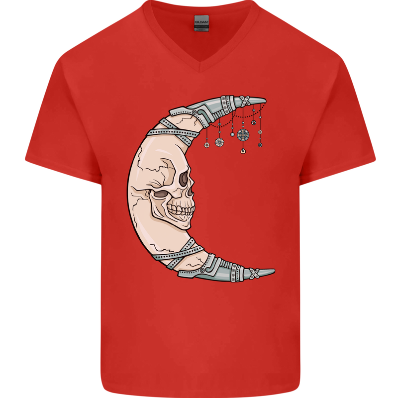 Steampunk Moon Skull Mens V-Neck Cotton T-Shirt Red