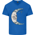Steampunk Moon Skull Mens V-Neck Cotton T-Shirt Royal Blue
