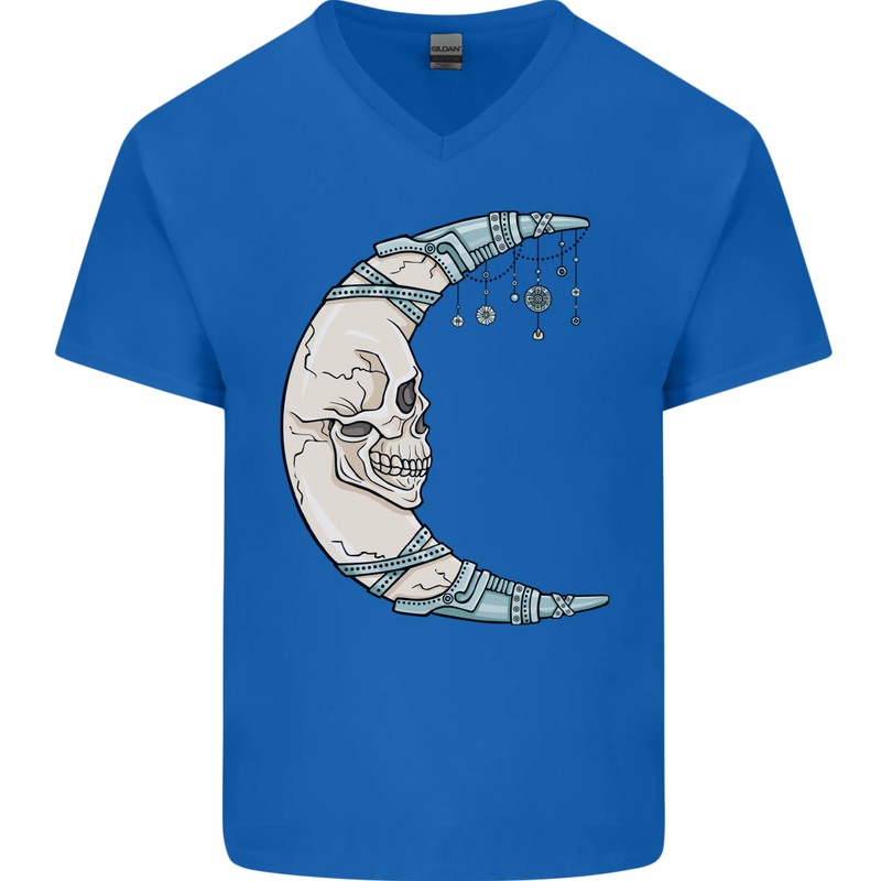 Steampunk Moon Skull Mens V-Neck Cotton T-Shirt Royal Blue