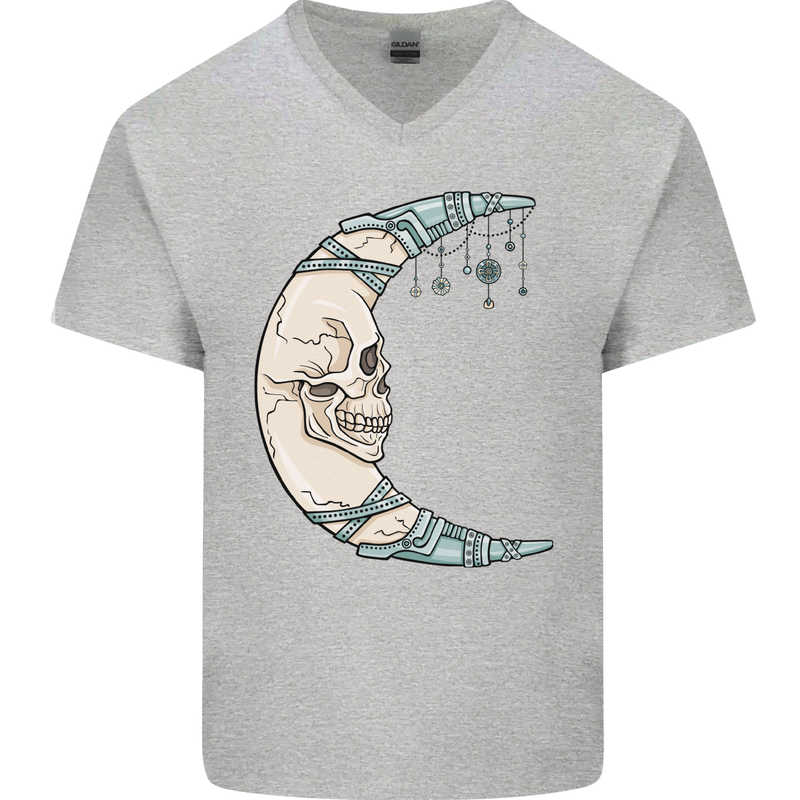 Steampunk Moon Skull Mens V-Neck Cotton T-Shirt Sports Grey