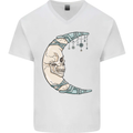 Steampunk Moon Skull Mens V-Neck Cotton T-Shirt White