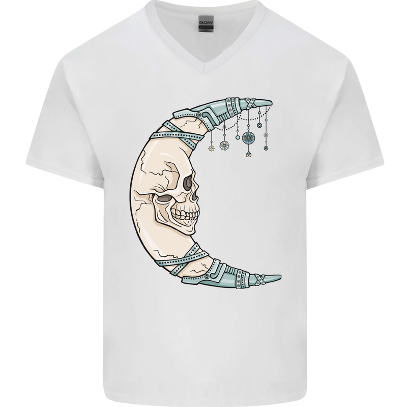 Steampunk Moon Skull Mens V-Neck Cotton T-Shirt White