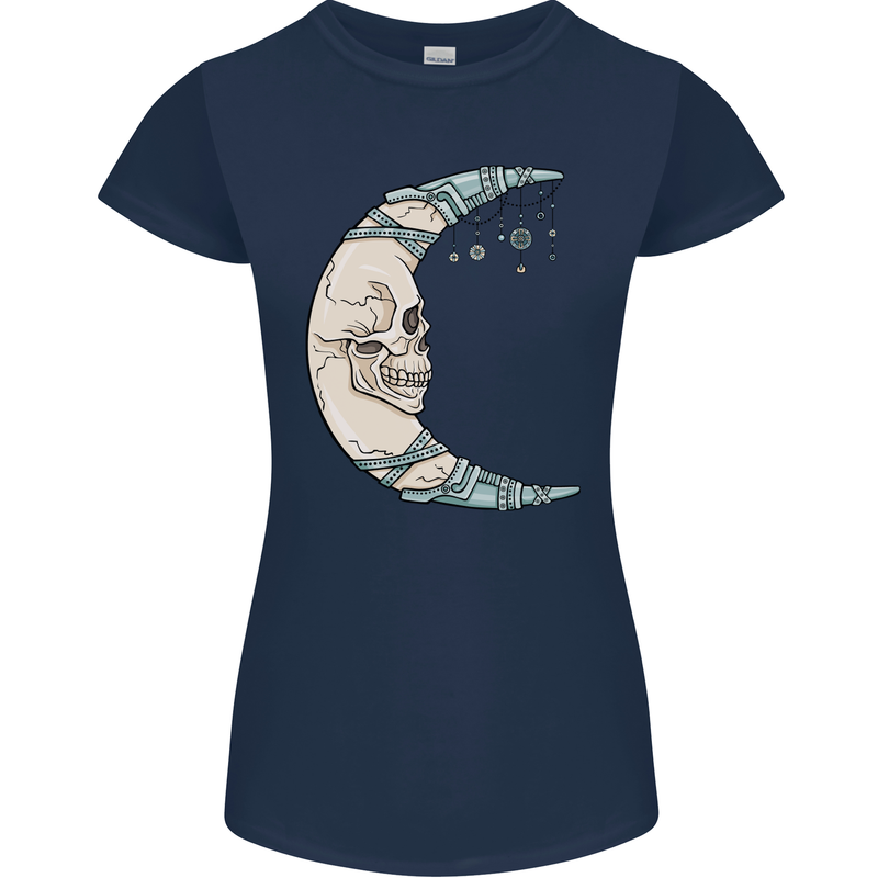 Steampunk Moon Skull Womens Petite Cut T-Shirt Navy Blue