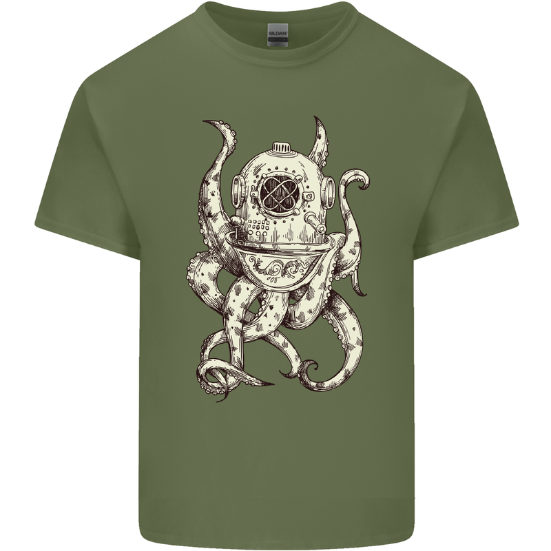 Steampunk Octopus Kraken Cthulhu Mens Cotton T-Shirt Tee Top Military Green