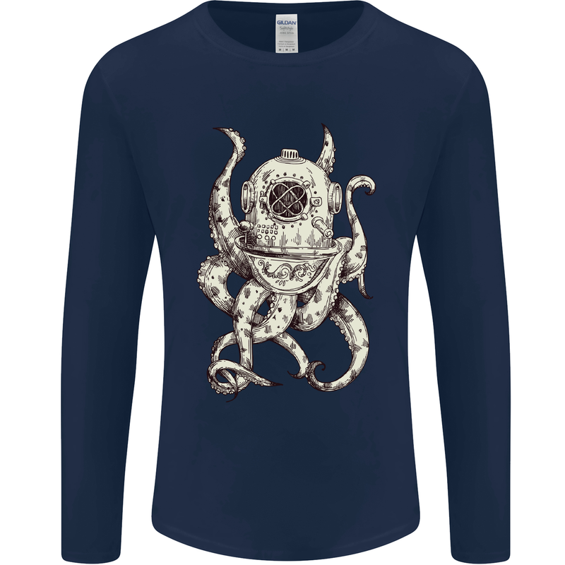 Steampunk Octopus Kraken Cthulhu Mens Long Sleeve T-Shirt Navy Blue