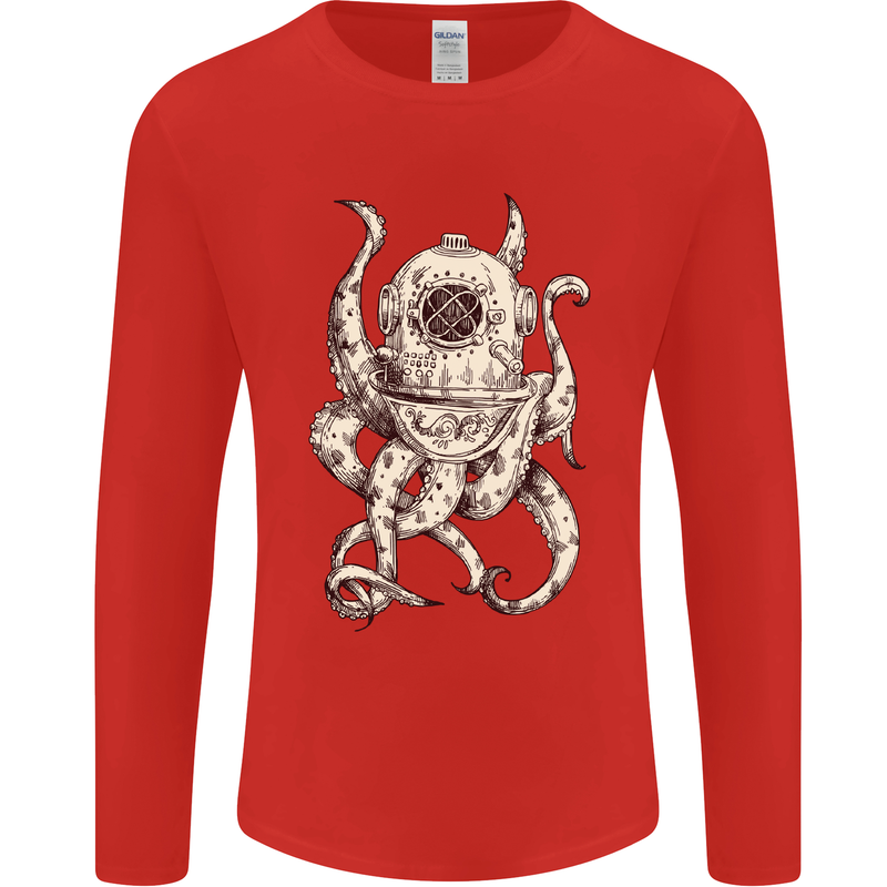 Steampunk Octopus Kraken Cthulhu Mens Long Sleeve T-Shirt Red