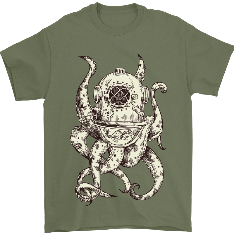Steampunk Octopus Kraken Cthulhu Mens T-Shirt Cotton Gildan Military Green