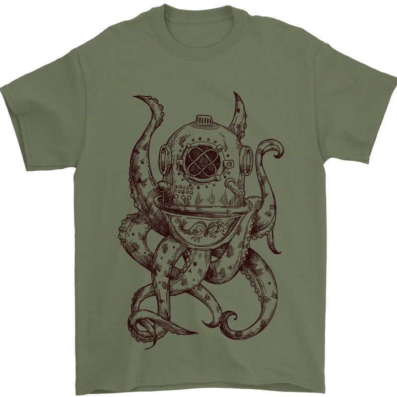 Steampunk Octopus Kraken Cthulhu Mens T-Shirt Cotton Gildan Military Green
