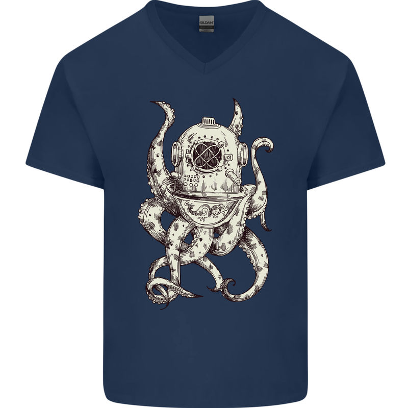 Steampunk Octopus Kraken Cthulhu Mens V-Neck Cotton T-Shirt Navy Blue