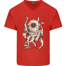 Steampunk Octopus Kraken Cthulhu Mens V-Neck Cotton T-Shirt Red