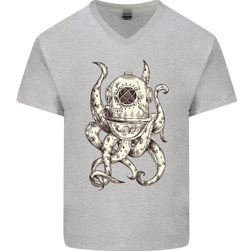 Steampunk Octopus Kraken Cthulhu Mens V-Neck Cotton T-Shirt Sports Grey