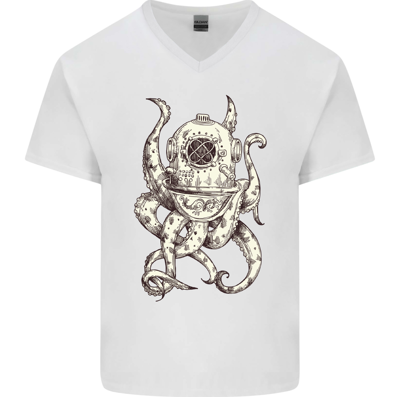 Steampunk Octopus Kraken Cthulhu Mens V-Neck Cotton T-Shirt White