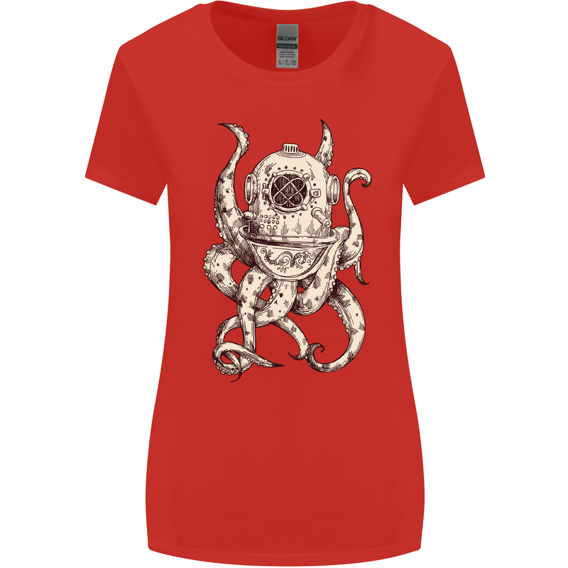 Steampunk Octopus Kraken Cthulhu Womens Wider Cut T-Shirt Red