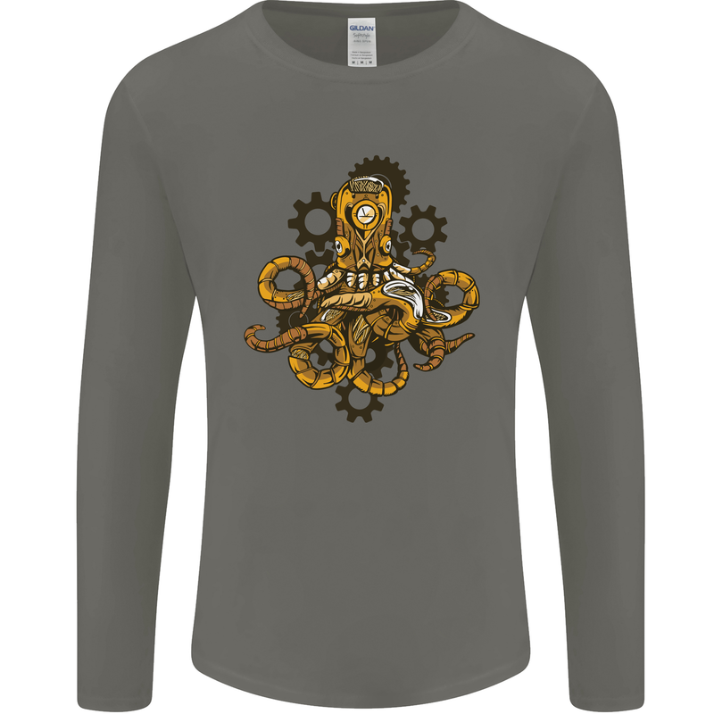 Steampunk Octopus Scuba Diving Cthulhu Mens Long Sleeve T-Shirt Charcoal