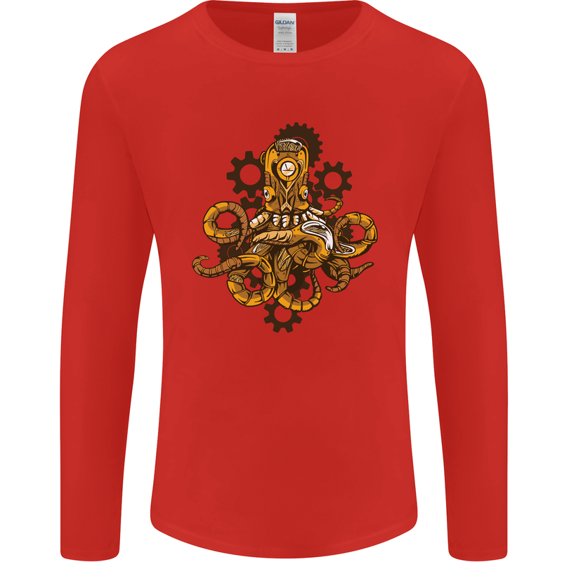 Steampunk Octopus Scuba Diving Cthulhu Mens Long Sleeve T-Shirt Red