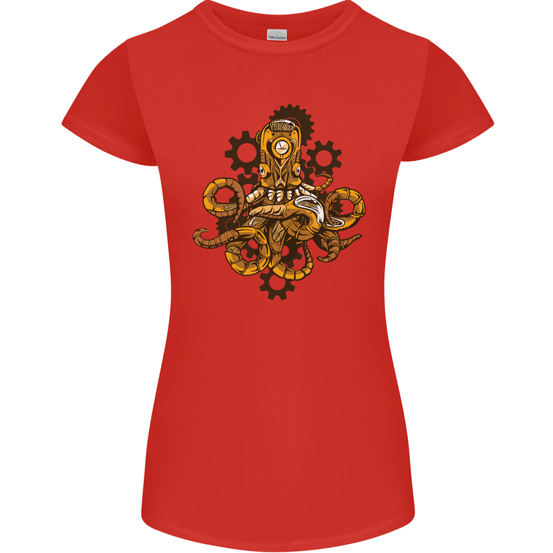 Steampunk Octopus Scuba Diving Cthulhu Womens Petite Cut T-Shirt Red