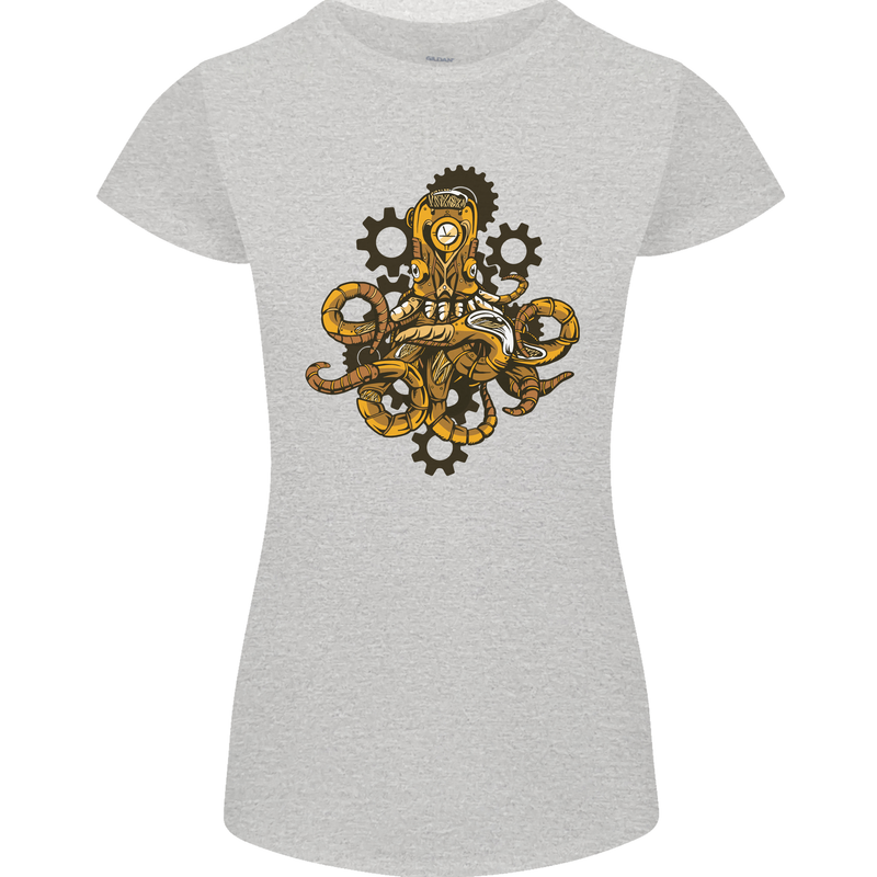 Steampunk Octopus Scuba Diving Cthulhu Womens Petite Cut T-Shirt Sports Grey