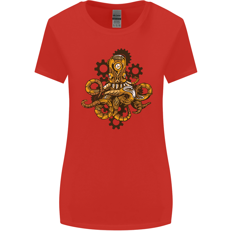 Steampunk Octopus Scuba Diving Cthulhu Womens Wider Cut T-Shirt Red