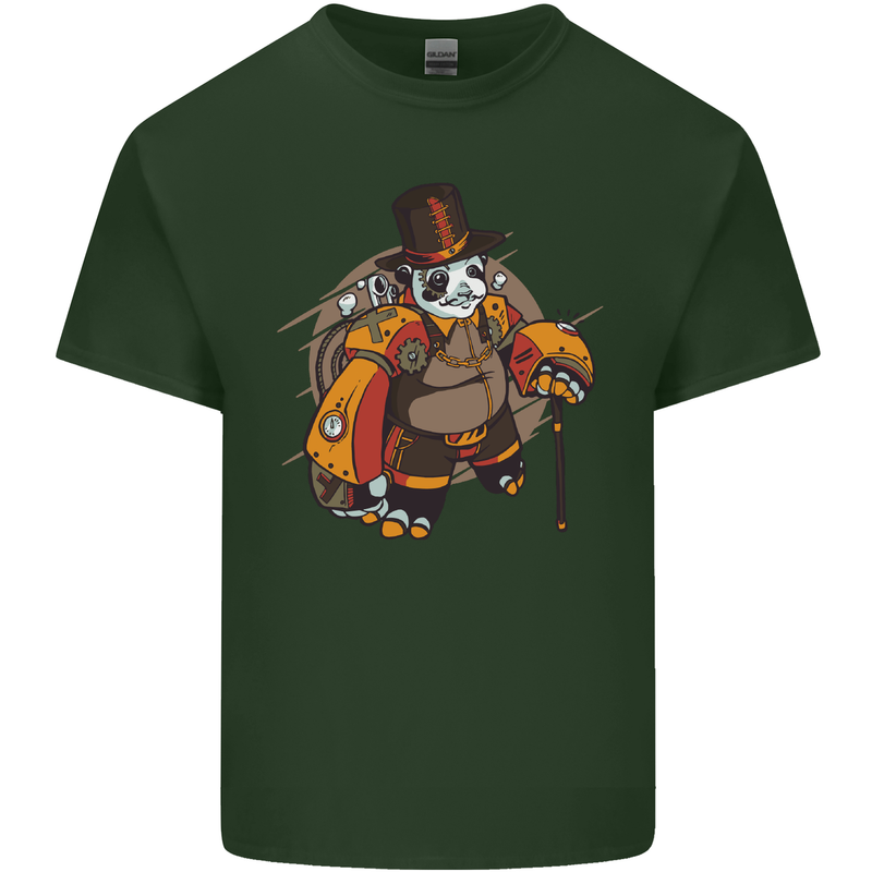 Steampunk Panda Bear Mens Cotton T-Shirt Tee Top Forest Green