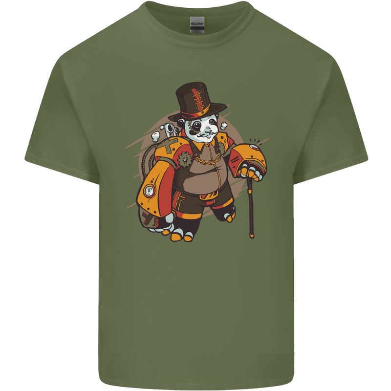 Steampunk Panda Bear Mens Cotton T-Shirt Tee Top Military Green