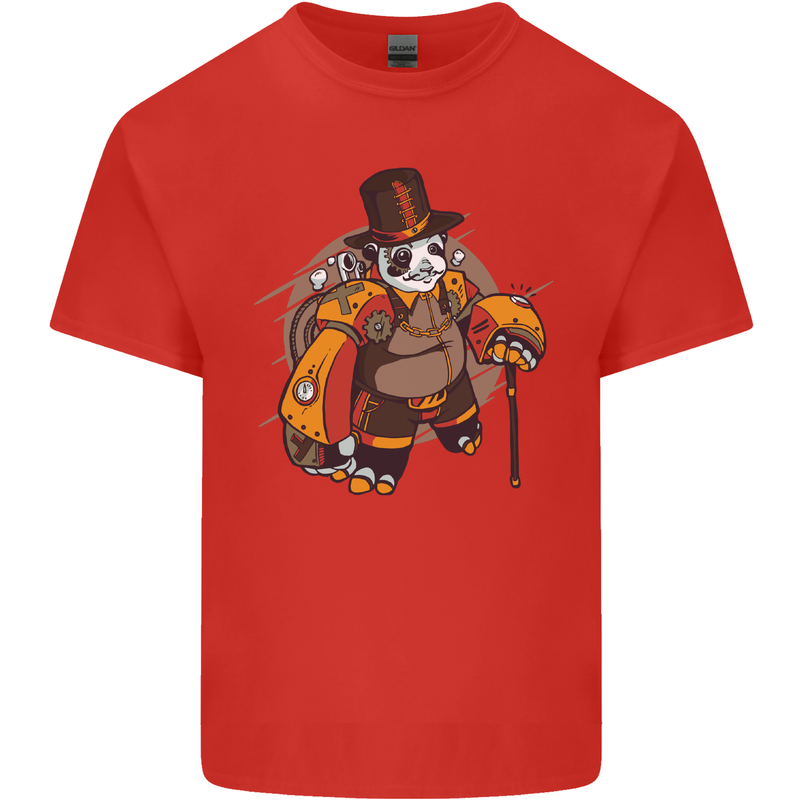 Steampunk Panda Bear Mens Cotton T-Shirt Tee Top Red