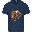 Steampunk Panda Bear Mens V-Neck Cotton T-Shirt Navy Blue