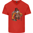 Steampunk Panda Bear Mens V-Neck Cotton T-Shirt Red