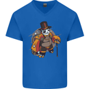 Steampunk Panda Bear Mens V-Neck Cotton T-Shirt Royal Blue