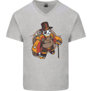 Steampunk Panda Bear Mens V-Neck Cotton T-Shirt Sports Grey
