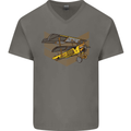 Steampunk Plane Aircraft Biplane Mens V-Neck Cotton T-Shirt Charcoal