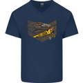 Steampunk Plane Aircraft Biplane Mens V-Neck Cotton T-Shirt Navy Blue