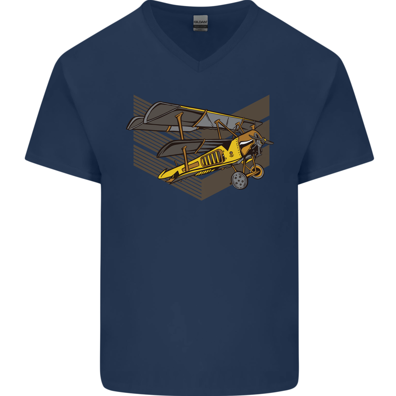 Steampunk Plane Aircraft Biplane Mens V-Neck Cotton T-Shirt Navy Blue
