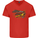 Steampunk Plane Aircraft Biplane Mens V-Neck Cotton T-Shirt Red