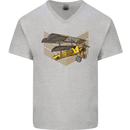Steampunk Plane Aircraft Biplane Mens V-Neck Cotton T-Shirt Sports Grey