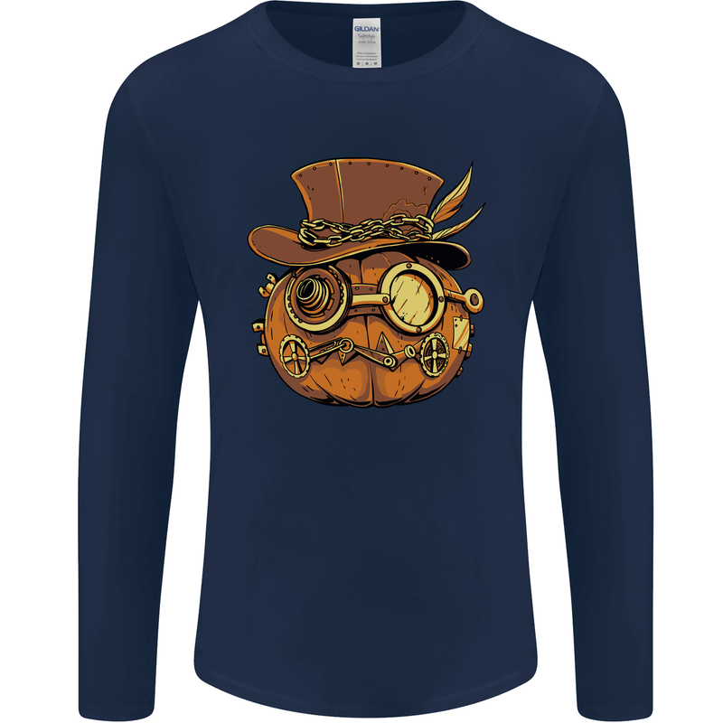Steampunk Pumpkin Halloween Mens Long Sleeve T-Shirt Navy Blue