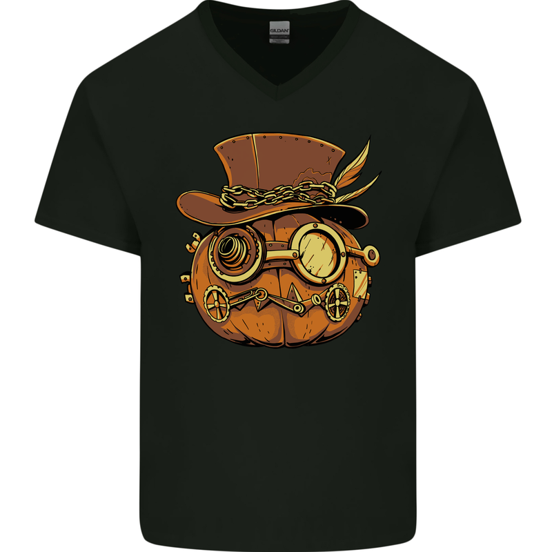 Steampunk Pumpkin Halloween Mens V-Neck Cotton T-Shirt Black
