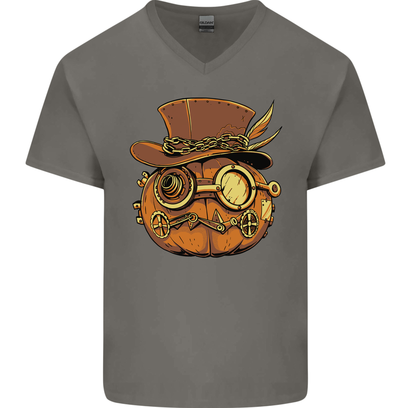 Steampunk Pumpkin Halloween Mens V-Neck Cotton T-Shirt Charcoal