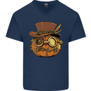 Steampunk Pumpkin Halloween Mens V-Neck Cotton T-Shirt Navy Blue